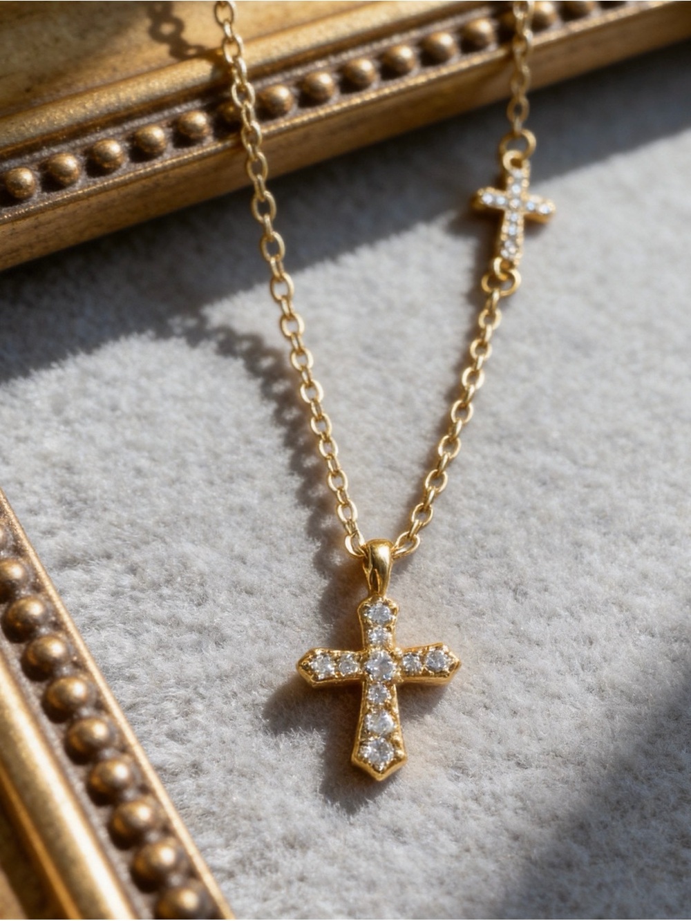 Gold Double Cross Necklace with Clear Crystals